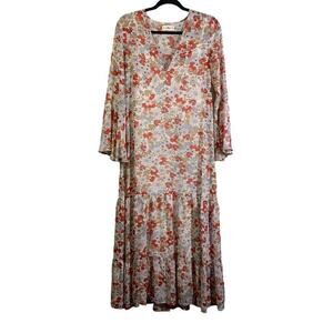NATURAL‎ LIFE Dress Maxi Boho V-Neck Flutter Sleeve Tiered Skirt Removable Slip